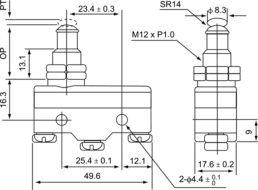 MS\1307 Miniature switch long straight pusher - Dimensions